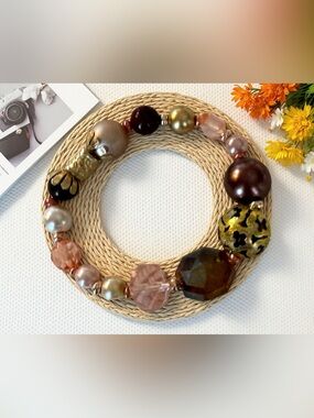 Handcrafted Statement Beaded Stretch Bracelet in Brown, Gold and Blush